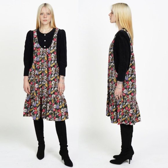 VINTAGE 80s Floral Corduroy Puff Sleeve Dress - Picture 1 of 2